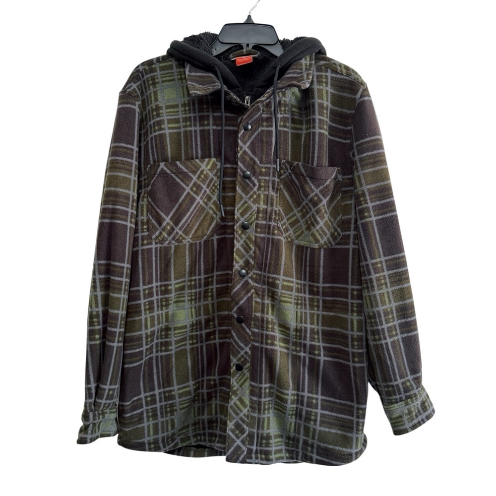 Men’s Plaid Button-Up/Zip Shacket with Hoodie